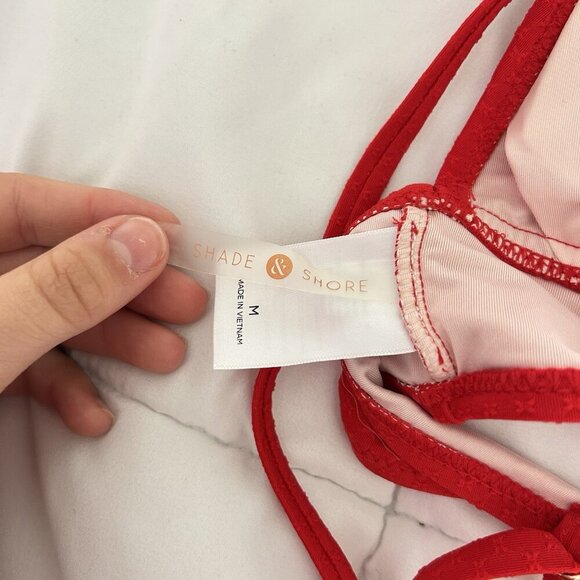 Shade & Shore Red Bikini Top Womens Medium M Longline Cinch Front Textured - Picture 6 of 7